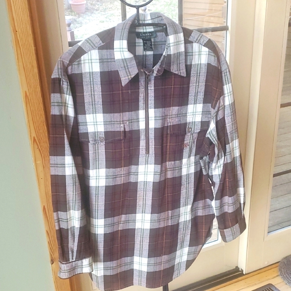 Lauren Ralph‎ Lauren Brown Plaid Flannel LS 1/4 Zip Pullover Sz. L Shirt